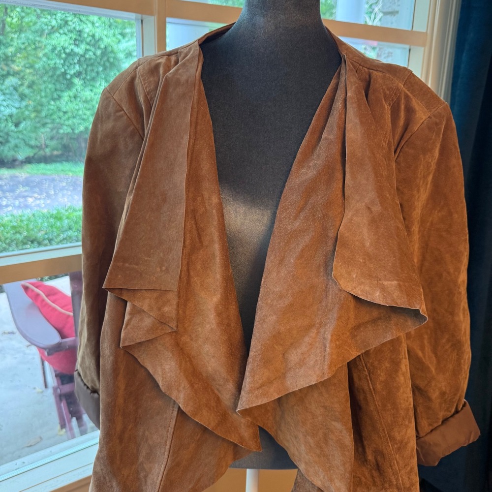 6.1 Jessica London Size 24 Suede Leather Jacket Brown Ruffle Draped Open Front